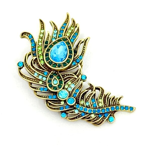 Heidi Daus Peacock Feather Brooch w/Blue & Green Crystals Gold-Tone Signed - Picture 2 of 8